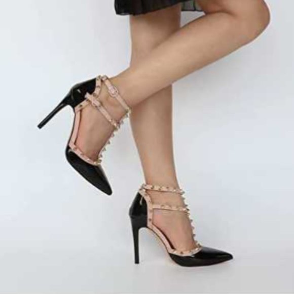 Hecater Ankle Strap Studded Patent Faux Leather Black and Cream Heels - Picture 1 of 9